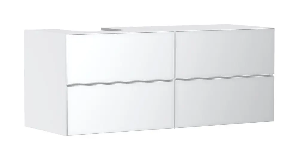 Weißer Waschtischunterschrank mit vier Schubkästen, geeignet für Konsolen Aufsatzwaschtisch, präsentiert von Hansgrohe.